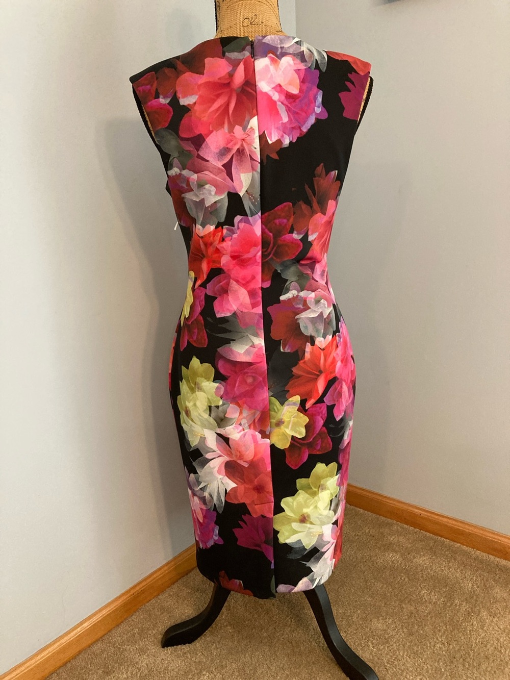 Worthington Black Midi Dress with Pink Red Yellow Floral Print Women Sz 8 - Picture 2 of 13